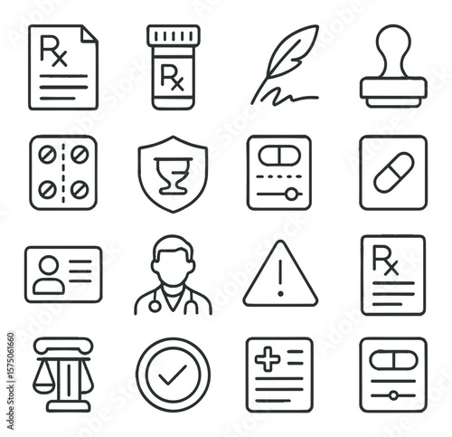 Prescription and regulation line art icons. RX document, prescription bottle, doctor signature, legal stamp, regulated drug icon, pharmacy approval, dosage control, controlled