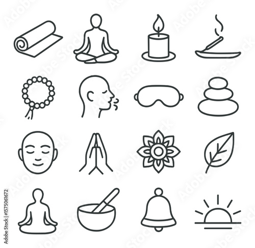 Mindfulness & meditation line art icons. yoga mat, lotus pose, candle, incense, prayer beads, breathing icon, eye mask, zen stone, calm face, hands in prayer, mandala, nature leaf,