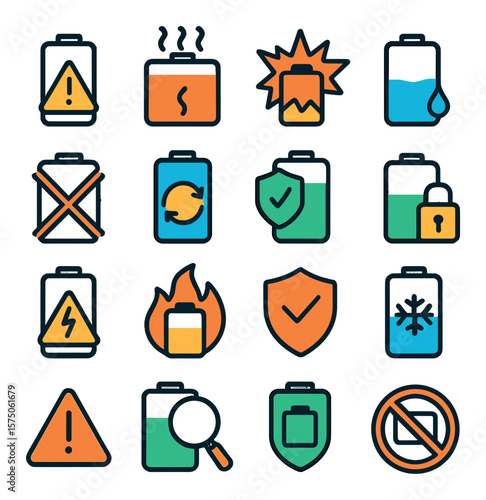 Battery Alerts & Safety modern flat .Battery warning, overheating battery, explosion icon, leaking battery, crossed-out battery, replace battery icon, safe charge symbol, battery