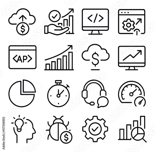 Tech company metrics line art icons. SaaS income, product adoption, code efficiency, feature release impact, API monetization, user growth chart, cloud cost, platform ROI, profit