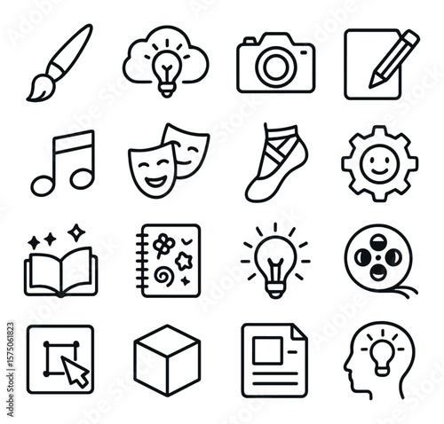 Creative learning line art icons. paintbrush, idea cloud, camera, sketchpad, musical note, theater mask, dance shoe, creativity gear, imagination icon, doodle book, innovation bulb