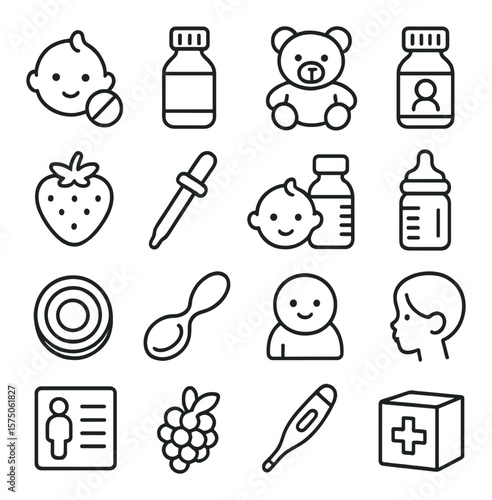 Pediatric medicine line art icons. child pill dose, baby syrup bottle, teddy bear icon, kids vitamin, flavored chewable, dosage dropper, infant medicine, baby bottle with med,