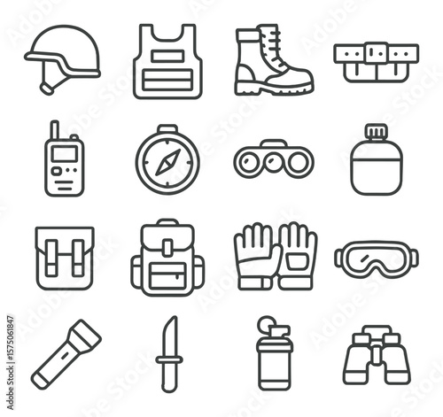 Military gear line art icons. helmet, tactical vest, boots, utility belt, radio, compass, night vision, canteen, ammo pouch, backpack, gloves, binoculars, flashlight, knife, smoke