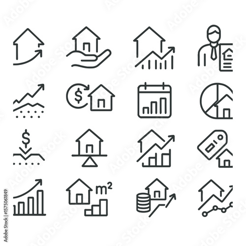 Real estate profit line art icons. rising house icon, rent income, property value graph, agent report, land appreciation, ROI from property, monthly yield, occupancy rate, mortgage