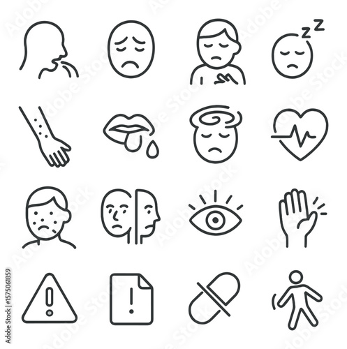 Medication side effects line art icons. nausea icon, headache symbol, stomach ache, drowsy face, skin rash, dry mouth, dizziness swirl, heartbeat irregularity, allergic reaction,