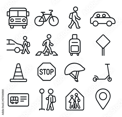 School transportation line art icons. school bus, bicycle, walking student, carpool, parent drop-off, crosswalk, backpack on wheels, street sign, traffic cone, stop sign, helmet,