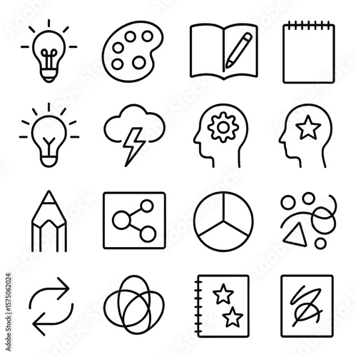 Creative learning line art icons. idea bulb, paint palette, creative book, sketchpad, inspiration icon, brainstorm cloud, thought process, imagination icon, pencil tip, vision