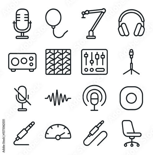 Podcasting equipment line art icons. condenser microphone, pop filter, boom arm, studio headphones, audio interface, foam panel, sound mixer, mic stand, mute button, waveform icon,