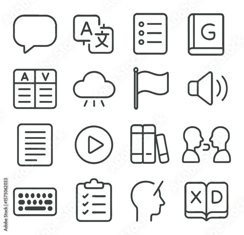 Language learning line art icons. speech bubble, translation icon, word list, grammar book, verb chart, vocabulary cloud, flag icon, pronunciation speaker, reading paragraph, audio