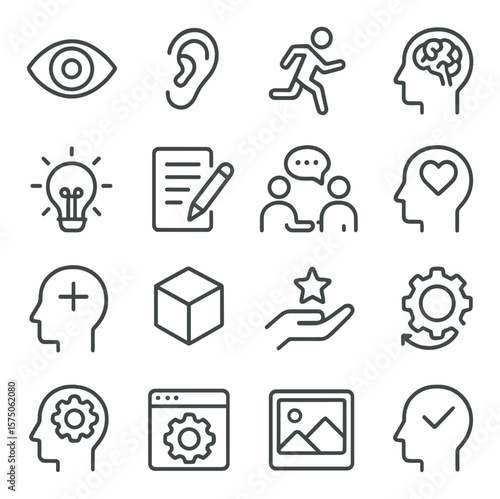 Knowledge types line art icons. visual, auditory, kinesthetic, logical, verbal, interpersonal, intrapersonal, spatial, abstract, experiential, procedural, declarative, episodic,