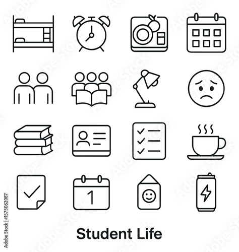 Student Life line art icons. dorm bed, alarm clock, cafeteria tray, schedule planner, roommates icon, study group, night lamp, stress emoji, textbook stack, student card, checklist