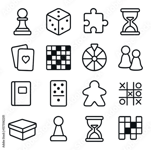Board games and puzzles line art icons. chess piece, game die, puzzle piece, timer, card deck, checkers board, spinner wheel, game tokens, rulebook, domino, meeple, tic-tac-toe,