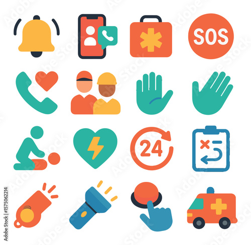 Emergency Support modern flat .Alert bell, emergency contact, medical ID, SOS icon, phone with heart, rescue team icon, emergency bag, quick help hand, CPR symbol, defibrillator