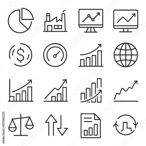 Market trend insights line art icons. sector chart, industry growth, economic forecast, market signal, profit indicator, trend bar, global economy icon, sector performance,