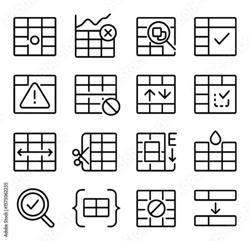 Data cleaning tools line art icons. missing value icon, outlier detection, duplicate finder, field validator, incorrect format warning, blank row remover, value standardizer, data
