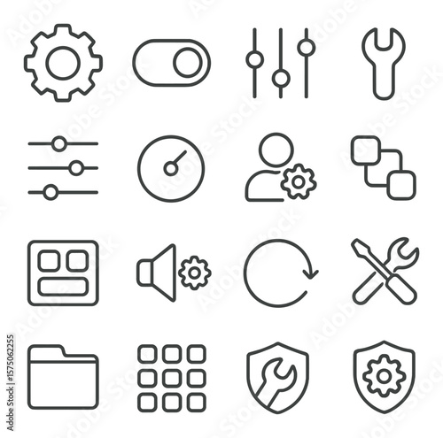 User interface settings line art icons. gear icon, toggle switch, sliders, wrench tool, settings menu, adjustment dial, profile settings, preferences icon, control panel, volume