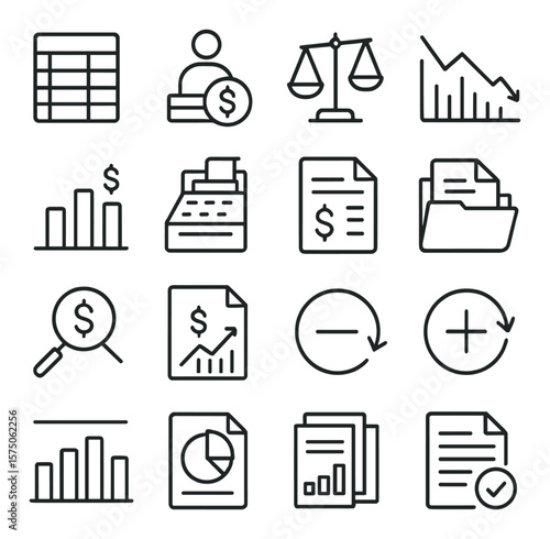 Accounting and finance line art icons. ledger sheet, income icon, balance chart, expense line, revenue bar, cash register, invoice document, tax file, audit symbol, net profit,