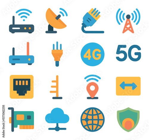 Internet Connectivity modern flat .Wi-Fi router, satellite dish, Ethernet cable, signal tower, modem, fiber optic cable, 4G symbol, 5G symbol, LAN port, antenna, hotspot icon, data