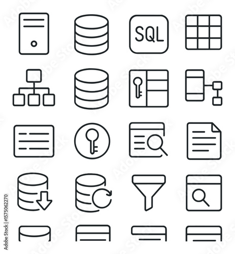 Database elements line art icons. server tower, data stack, SQL symbol, table grid, schema diagram, database cylinder, key column, relational link, record row, primary key icon,