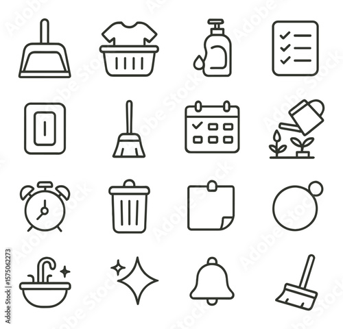 Task and chore icons line art icons. dustpan, laundry, dish soap, checklist, light switch, broom, calendar with chores, water plant icon, clock bell, trash can, task note, reminder