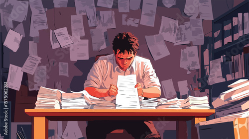 Stressed Businessman Overworked at Desk in Busy Office