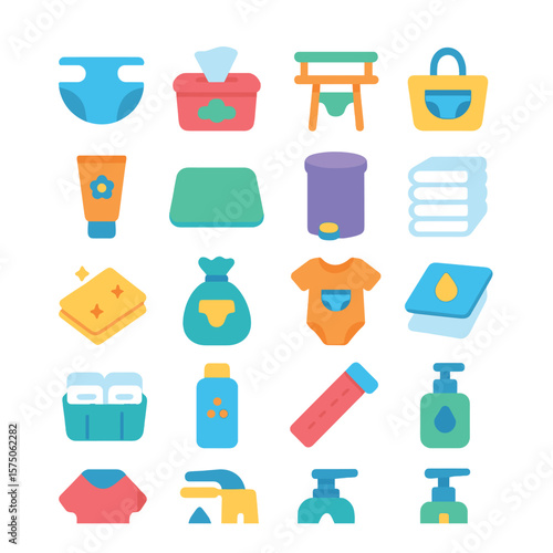 Diapering Supplies modern flat .Diaper icon, baby wipes, changing table, diaper bag, rash cream, changing pad, diaper pail, diaper stack, clean cloth, diaper disposal bag, onesie,