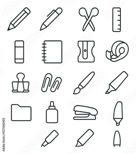 School Supplies line art icons. pencils, pens, scissors, ruler, glue stick, notebook, pencil sharpener, tape dispenser, binder clip, paper clips, paintbrush, marker, file folder,