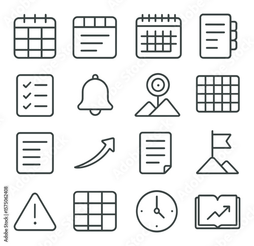 Academic planning tools line art icons. semester planner, weekly planner, monthly calendar, sticky tabs, task checklist, reminder bell, goal tracker, habit chart, to-do list,