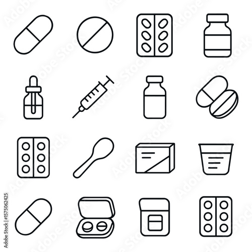 Pharmaceutical items line art icons. capsule pill, round tablet, pill blister, medicine bottle, liquid dropper, syringe, injection vial, pill cutter, pill pack, dosage spoon, drug
