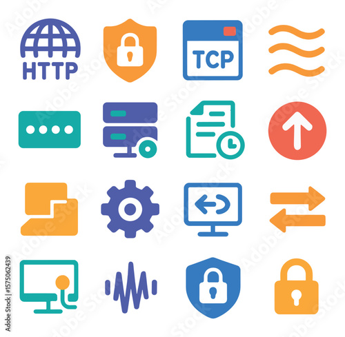 Network Protocols modern flat .HTTP icon, HTTPS shield, TCP packet, UDP stream, IP address, DNS server, DHCP lease, FTP symbol, SSH tunnel, SNMP gear, ARP icon, NAT arrows, ICMP
