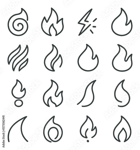 Abstract fire forms line art icons. spiral flame, geometric blaze, linear spark, flame outline, stylized heat wave, energy swirl, flicker shape, ember dot, wave flame, hot curve,