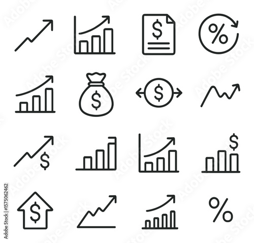 Finance growth indicators line art icons. upward arrow, profit chart, earnings report, ROI icon, revenue bar, money bag, dividend symbol, cash flow line, stock increase, financial