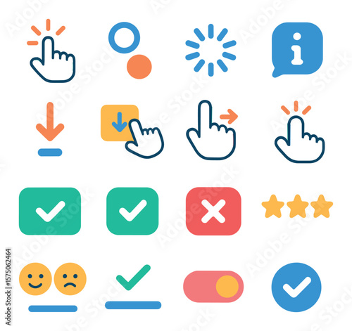 Website User Interaction modern flat .Click hand icon, hover state, loading spinner, tooltip icon, scroll indicator, drag-and-drop, swipe gesture, touch icon, confirmation popup,