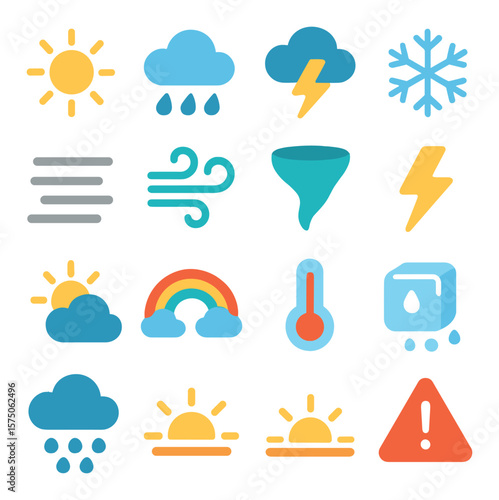 Weather Conditions modern flat .Sun icon, rain cloud, thunderstorm, snowflake, fog icon, windy symbol, tornado, lightning bolt, partly cloudy, rainbow, temperature gauge, ice icon,