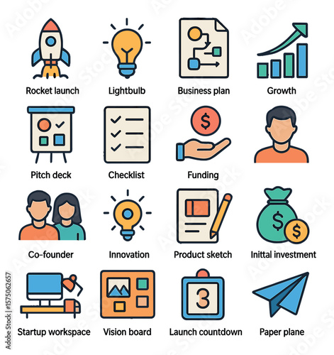Startup Essentials modern flat .Rocket launch, lightbulb idea, business plan, growth arrow, pitch deck, checklist, funding icon, startup founder, co-founder icon, innovation spark,