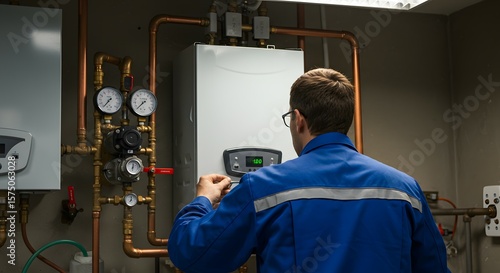 HVAC Technician Servicing a Modern Residential Gas Boiler System with Copper Piping and Gauges in a Utility Room