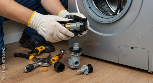 Hands in Protective Gloves Repairing Washing Machine Appliance, Troubleshooting Laundry Machine Malfunction with Tools and Spare Parts on Wooden Floor