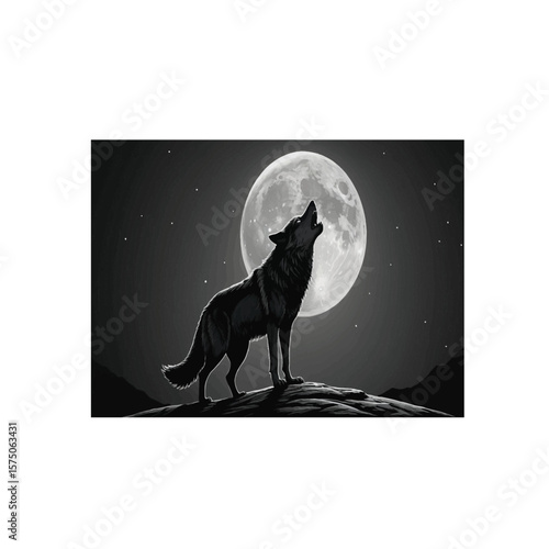 Monochrome wolf silhouette howling at full moon for wilderness, power, and nocturnal nature themes
