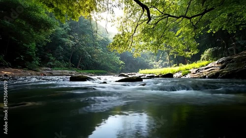 Tranquil scene with sunlight filtering through lush green foliage. The water reflects the surrounding trees and sky creating a peaceful atmosphere. The video showcases the natural beauty of the
