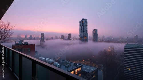 Cityscape view from a high balcony at dusk dense fog rolling through urban landscape with towering buildings bathed in soft ambient light and purple and orange hues