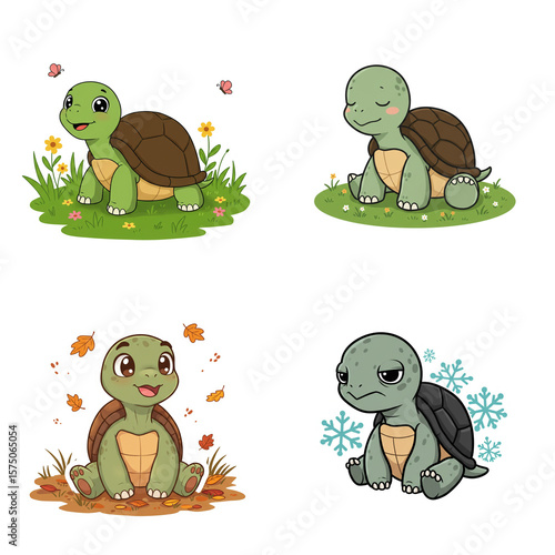 Cartoon turtles in different seasons and moods on colorful backgrounds  