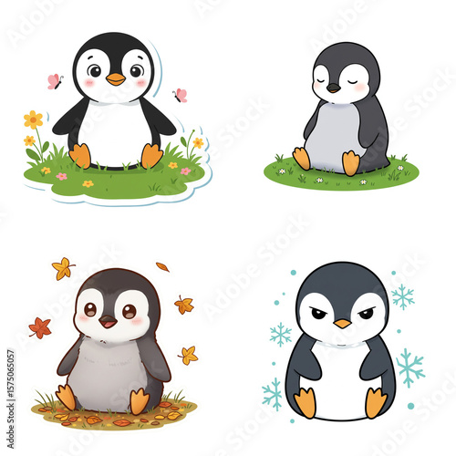 Cute cartoon penguins in various seasonal settings and poses  