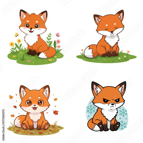 Cartoon fox characters in various emotions and seasons  
