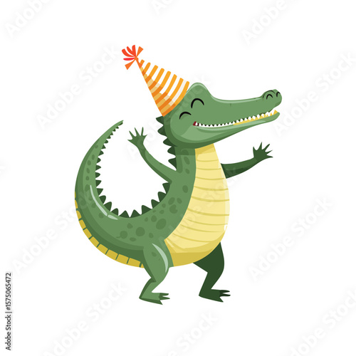 Cute Cartoon Dancing Birthday Alligator Character  Isolated on a Transparent Background