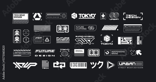 Concept of abstract sci-fi logotypes, futuristic signs with text, cyberpunk geometric elements, techno style hieroglyphs inscriptions for wear fashion and clothing printing - editable vector 