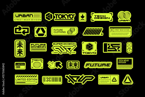 Retro Futuristic collection of abstract stickers, meaningless logos and text  signs in 90's cyberpunk style. Sci-fi background. Cyberpunk logo stickers and sci-fi elements in techno style 