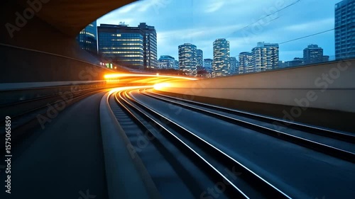 Long exposure of train tracks illuminated by orange and blue lights against a cityscape. Showing the movement of train under the city tunnel at night