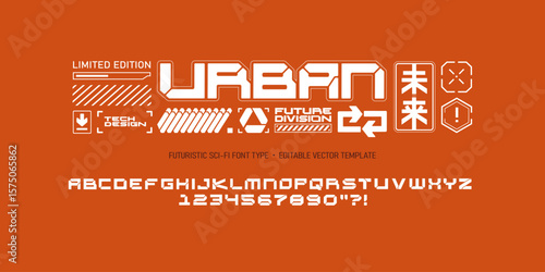 Futuristic sci-fi elements with font type concept for t-shirt print design. Digital elemets with Cyberpunk alphabet and numbers in hi-tech style for silkscreen clothing. Abstract futuristic signs