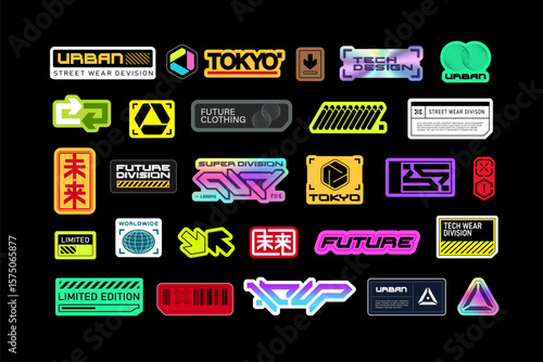 Retro Futuristic collection of abstract stickers, meaningless logos and text signs in 90's cyberpunk style. Sci-fi logo with holographic stickers and cyberpunk elements in techno style 