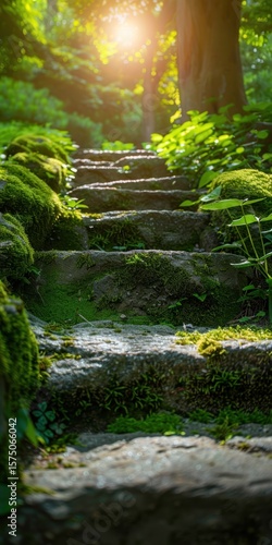 Collection of aged stone steps next to a plaster wall, ascending toward an unknown area in a tranquil garden, illuminated by gentle daylight